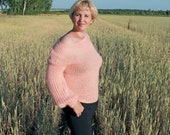Knitted peach cashmere sweater with mohair, casual, powder, orange pullover, women 39 s loose, gift for her, Christmas, birthday, one shoulder