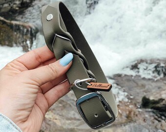 May include: A green braided leather dog collar with a silver buckle and a wooden tag that says "Bellami".