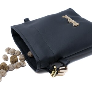May include: A black leather treat pouch with a gold zipper and a gold logo that says "Just For You". The pouch is open and spilling out small brown dog treats.