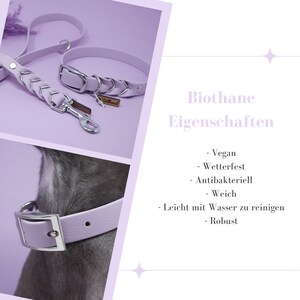May include: A lavender biothane dog collar and lead set with silver hardware. The collar has a braided design and the lead has a silver clip. The text "Biothane Eigenschaften" is visible in the image. The text lists the properties of biothane, including vegan, weatherproof, antibacterial, soft, easy to clean with water, and robust.