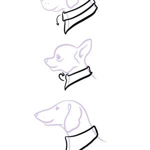 May include: Line drawing illustration of three dogs wearing bandanas. The dogs are a Labrador Retriever, a Chihuahua, and a Dachshund. The bandanas are black and white.