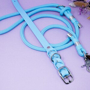 May include: A light blue leather dog collar and matching rope lead. The collar has a braided design and a silver buckle. The lead has a silver clip.