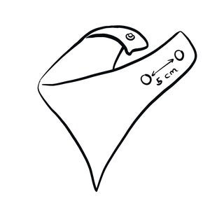 May include: A black and white illustration of a bandana with a snap closure. The bandana is 5 inches wide.