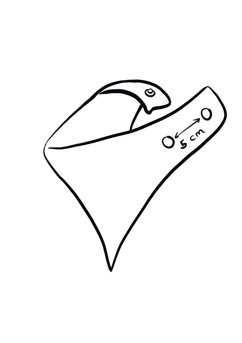May include: A black and white illustration of a bandana with a snap closure. The bandana is 5 inches wide.