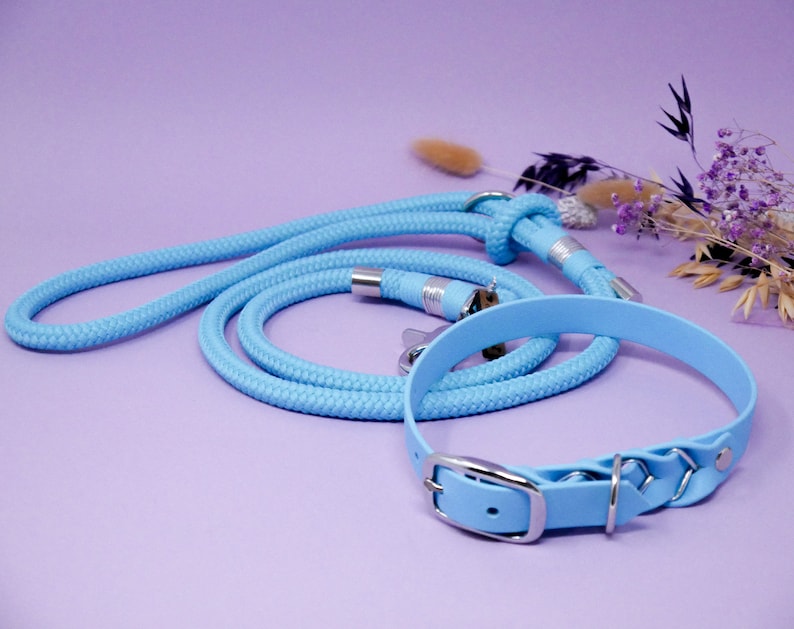 May include: A light blue rope dog lead and matching collar with silver hardware.