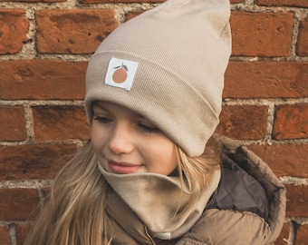 Beanie cap, winter hat, autumn, ribbed, cotton, elastic, with tag, turned up, patch, patch beanies, kids hat for children, adult