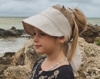 Gorro de verano para niña, pañuelo de lino natural con lazo y visera, talla universal, para piscina o playa, protección solar para la cabeza para niños.