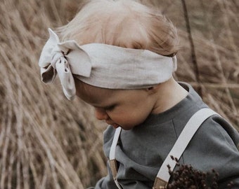 Headband with a large linen bow tied for a child and an adult, wide made of natural linen
