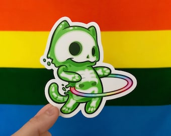 Neon Green Slime Skeleton Kitty Rainbow Hula Hoop Sticker