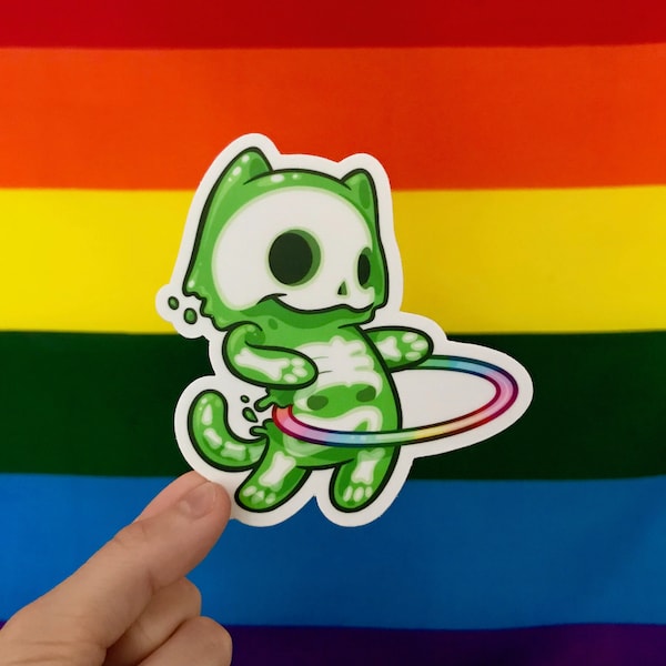 Neon Green Slime Skeleton Kitty Rainbow Hula Hoop Sticker