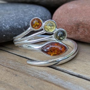 Multicolor Baltic Amber and Sterling Silver Adjustable Ring