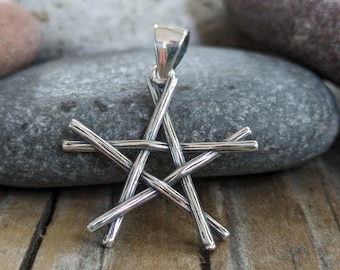 Sterling Silver Branch Pentagram Pendant, Chain Optional, Rustic Twig Pentagram Charm, Pentagram Jewelry