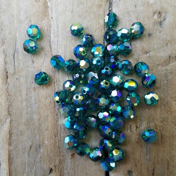 Green Swarovski Crystal 4mm Round Faceted Bead, FIFTEEN BEADS, Blue Green, Teal Crystal Beads, Jewelry Supplies, Beading Supplies