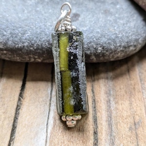 Olive Green Roman Glass and Sterling Silver Charm Pendant