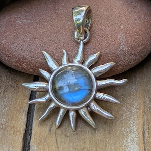 Labradorite Sun Pendant, Sterling Silver Celestial Pendant, Chain Optional