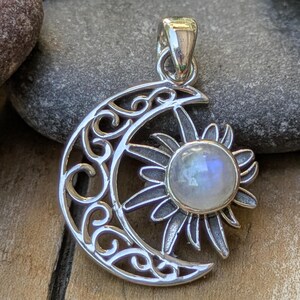 Moonstone Sun and Moon Sterling Silver Pendant, Crescent Moon, Celestial Charm