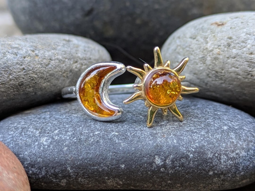Baltic Amber Sun and Moon SPINNER Ring | Sterling Silver and 14k Gold ...