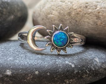 Moon and Sun Blue Opal and Sterling Silver Adjustable Ring