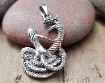 Dragon and Damsel in Distress with Sterling Silver Pendant, 34 x 23mm 3D Serpent and Damsel in Distress