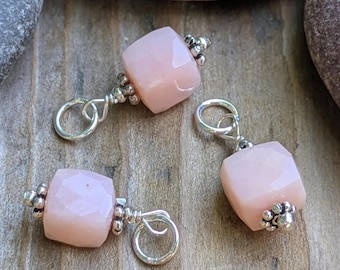 Pink Peruvian Opal and Sterling Silver Charm | 7-8mm Faceted Cube | ONE CHARM