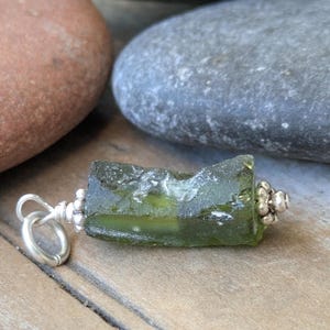 Olive Green Roman Glass and Sterling Silver Charm Pendant