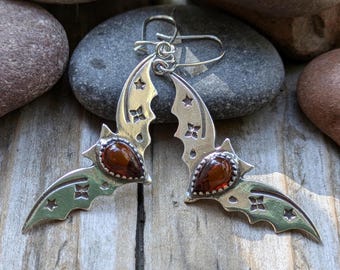 Baltic Amber and Sterling Silver Bat Earrings with Stars