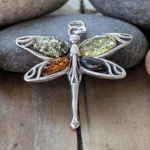 Multicolor Amber and Sterling Silver Dragonfly Pendant, Dragonfly Jewelry