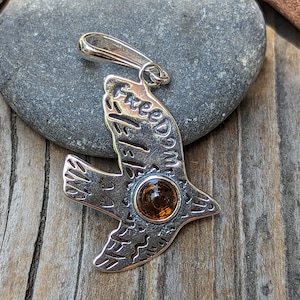 Sterling Silver Raven with Baltic Amber Charm Pendant, Freedom Bird, Crow Charm