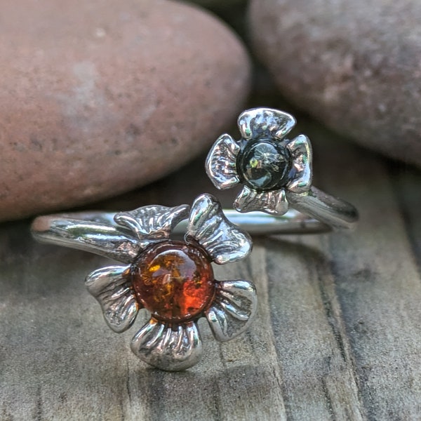 Multicolor Sterling Silver Flower Adjustable Ring, Artisan Flower Jewelry