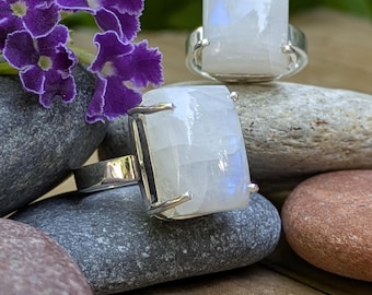 Rainbow Moonstone and Sterling Silver Rectangular Statement Ring | ONE RING