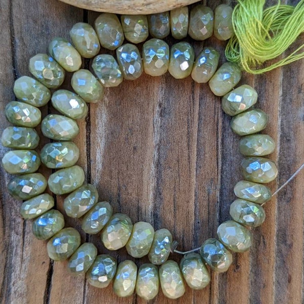 Mystic Pistachio Green Moonstone 7 x 4mm Faceted Rondelle Bead, FOUR or EIGHT BEADS, June Birthstone