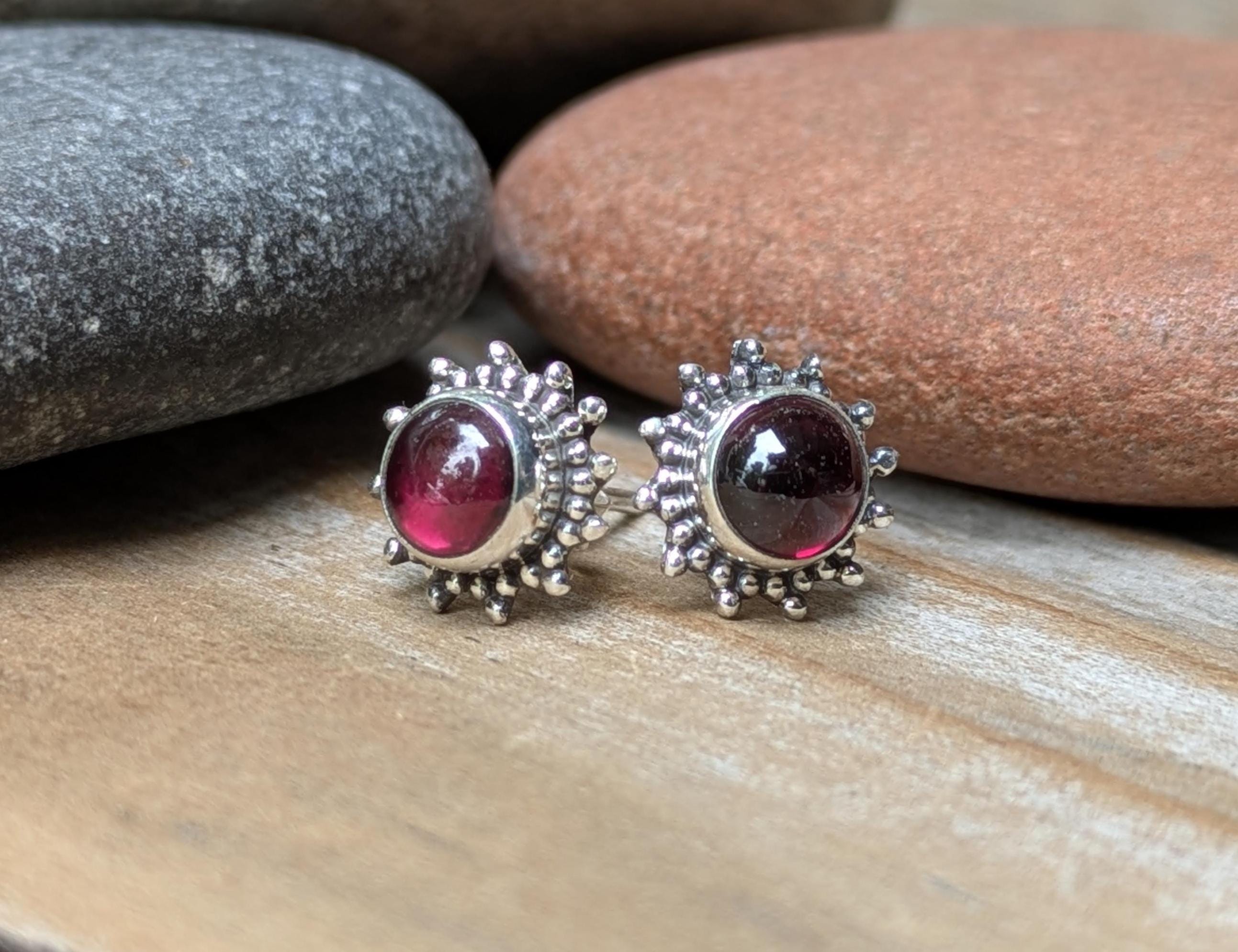 Garnet and Sterling Silver 8.5mm Sun Stud Earrings