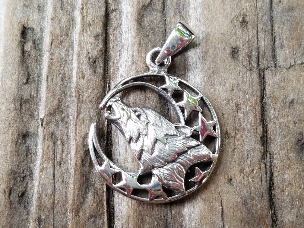 WithLoveSilver 925 Sterling Silver Howling Wolf Totem Pendant | Crescent Moon & Stars Design | Amulet Necklace - View #4