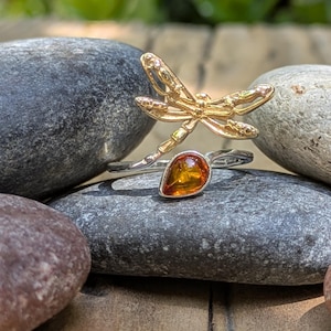 Baltic Amber and 14k Gold Plated Dragonfly Ring | Adjustable