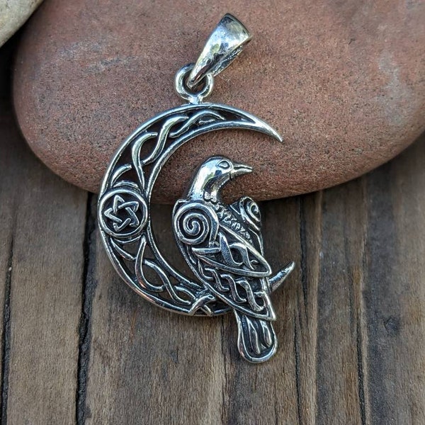 Celtic Raven on Crescent Moon Sterling Silver Pendant, Sacred Spiral, Moon with Pentagram, Celestial Jewelry, Chain Optional