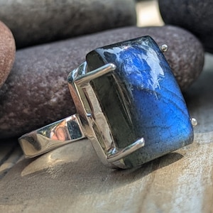 Labradorite and Sterling Silver Rectangular Ring, Oversize Labradorite Cocktail Ring