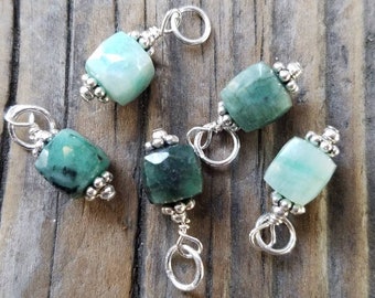 Emerald and Sterling Silver Charm, ONE CHARM, 6mm Faceted Emerald Cube, May Birthstone