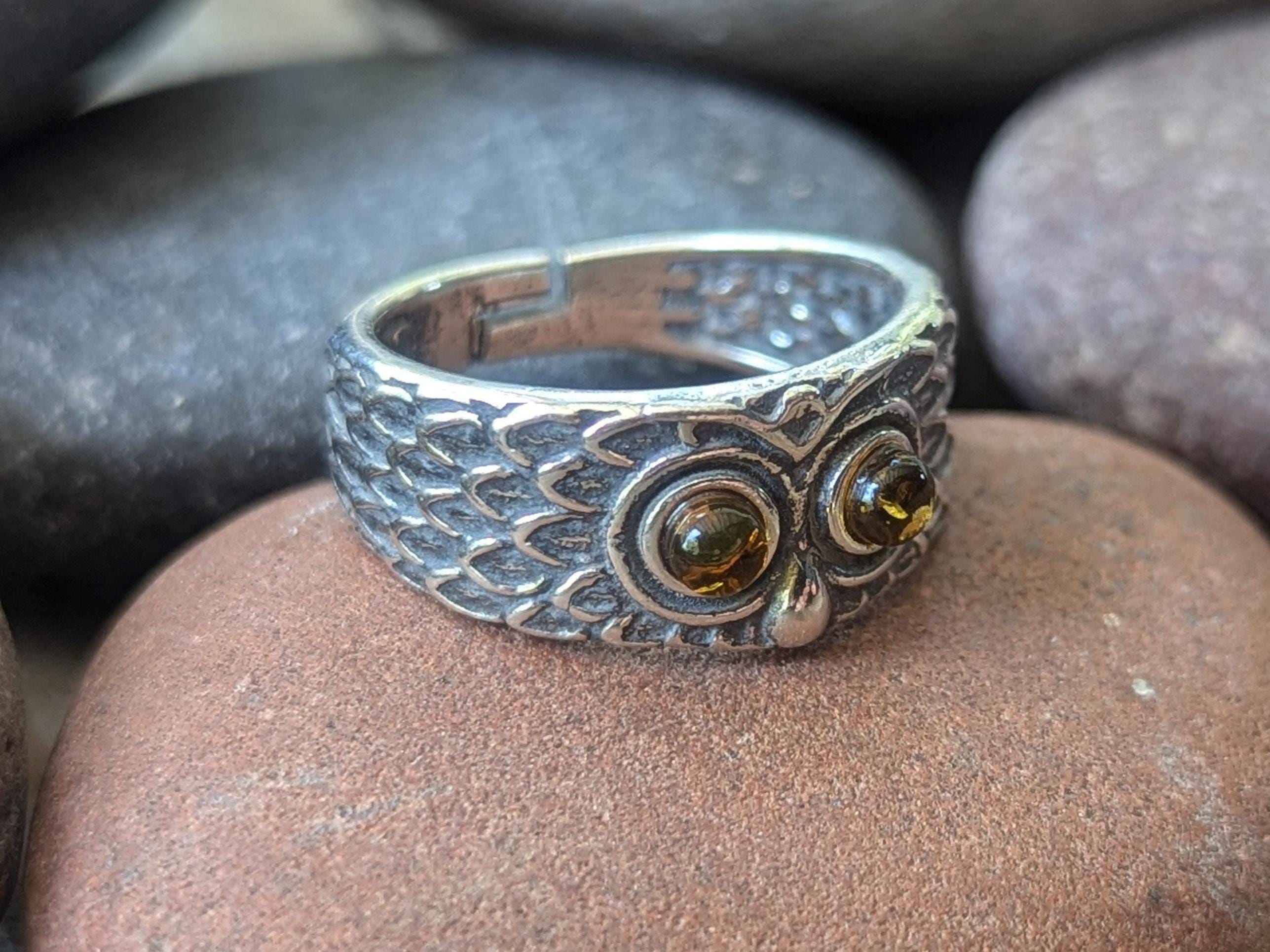Baltic Amber and Sterling Silver Owl Adjustable Ring