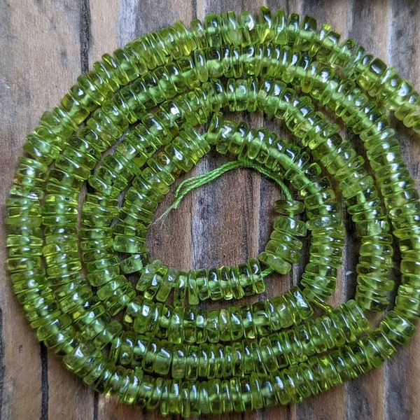 Peridot 4 - 4.5mm Smooth Heishi Button Bead, 11" Strand, August Birthstone