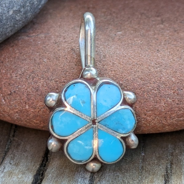 Sleeping Beauty Turquoise and Sterling Silver Zuni Flower Pendant, Chain Optional, December Birthstone
