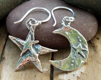 Moon and Star Sterling Silver Earrings, Artisan Jewelry, Celestial Jewelry