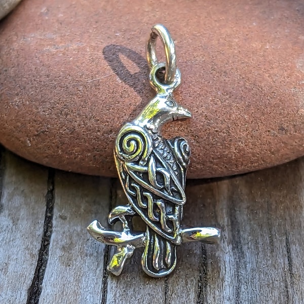 Sterling Silver Celtic Raven on Branch Charm Pendant, Chain Optional