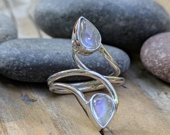Rainbow Moonstone and Sterling Silver Adjustable Ring | Size 7