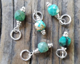 ONE Green Turquoise and Sterling Silver Charm, TINY, TINY 4mm Faceted Cube, December Birthstone