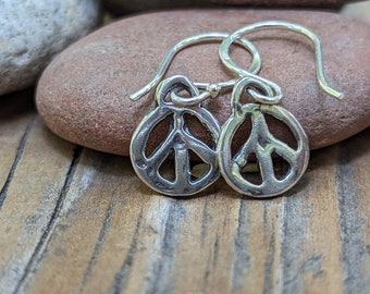 Artisan Peace Sign Sterling Silver Earrings, 11mm, Peace Sign Jewelry