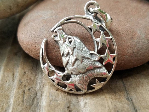 Wolf With Crescent Moon and Stars Sterling Silver Pendant, Chain 