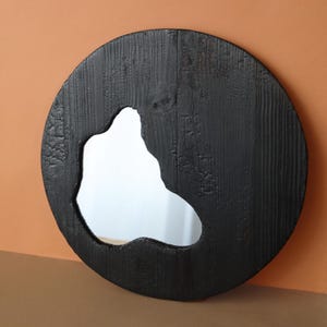 30cm Round Mirror in Blackened Oak | Handcrafted Burnt Wood Wall Mirror | Irregular Mirror with Wooden Frame | Modern Decorative Mirror