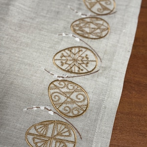 Könnte beinhalten: Leinen-Tischläufer mit gestickten goldenen Osterei-Designs. Die Eier weisen komplizierte Muster auf und sind am Rand des Läufers angeordnet. Weiße Akzente und braune Stiele ergänzen das Design. Der Läufer hat eine hellbeige Farbe.