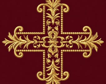 May include: A gold-colored embroidered cross design featuring intricate filigree-style scrollwork and beaded borders. The central motif is composed of symmetrical floral and leaf patterns, all rendered in metallic gold thread against a deep red background.