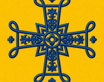 May include: A detailed blue cross design with ornate floral patterns and looped edges, set against a vibrant yellow background. The cross features a central circular element and symmetrical arms, creating a visually striking emblem.